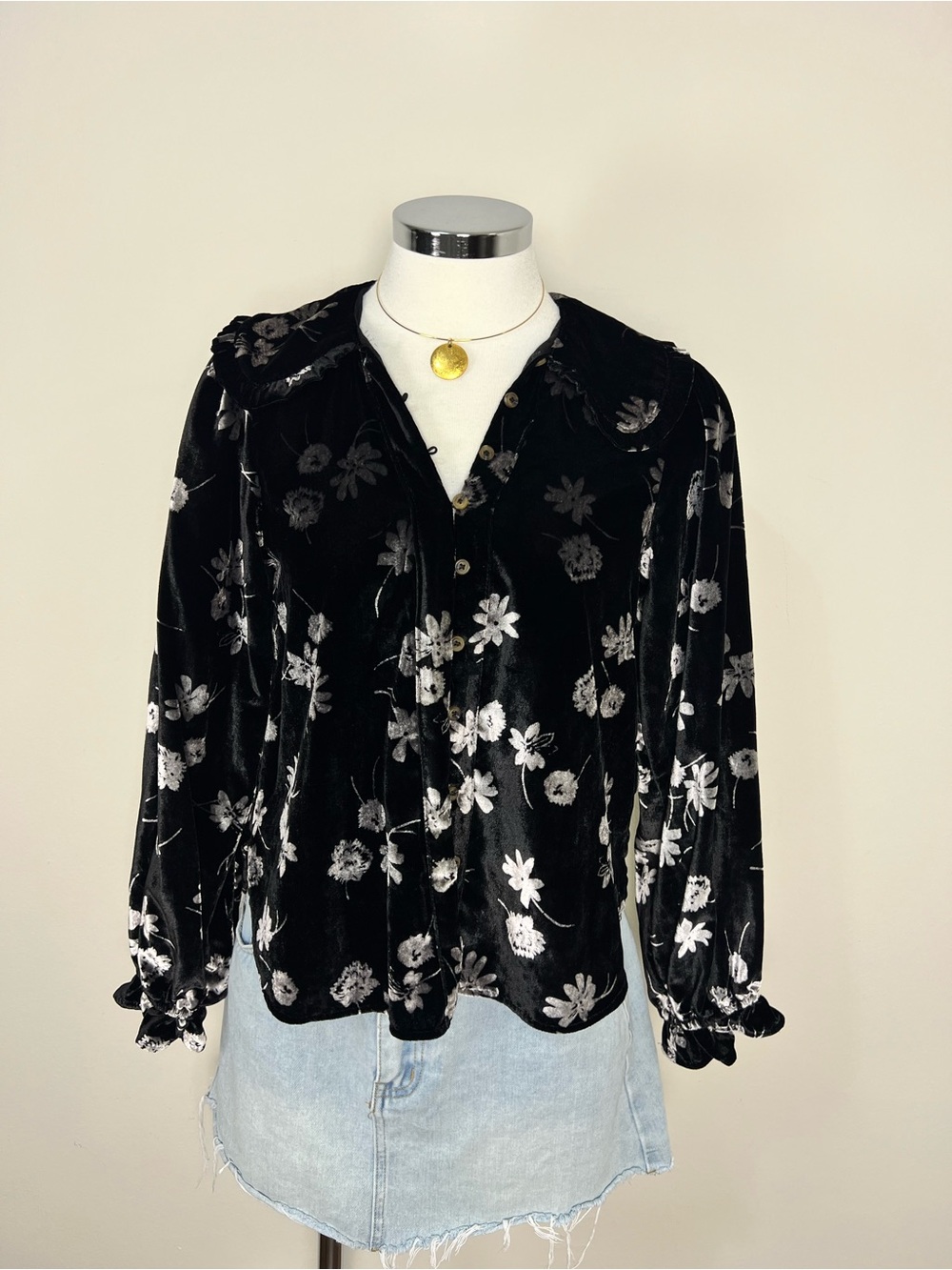 Pilcro Anthropologie Keira Velvet Floral Collared Blouse XS NWT Black Romantic - Picture 3 of 10